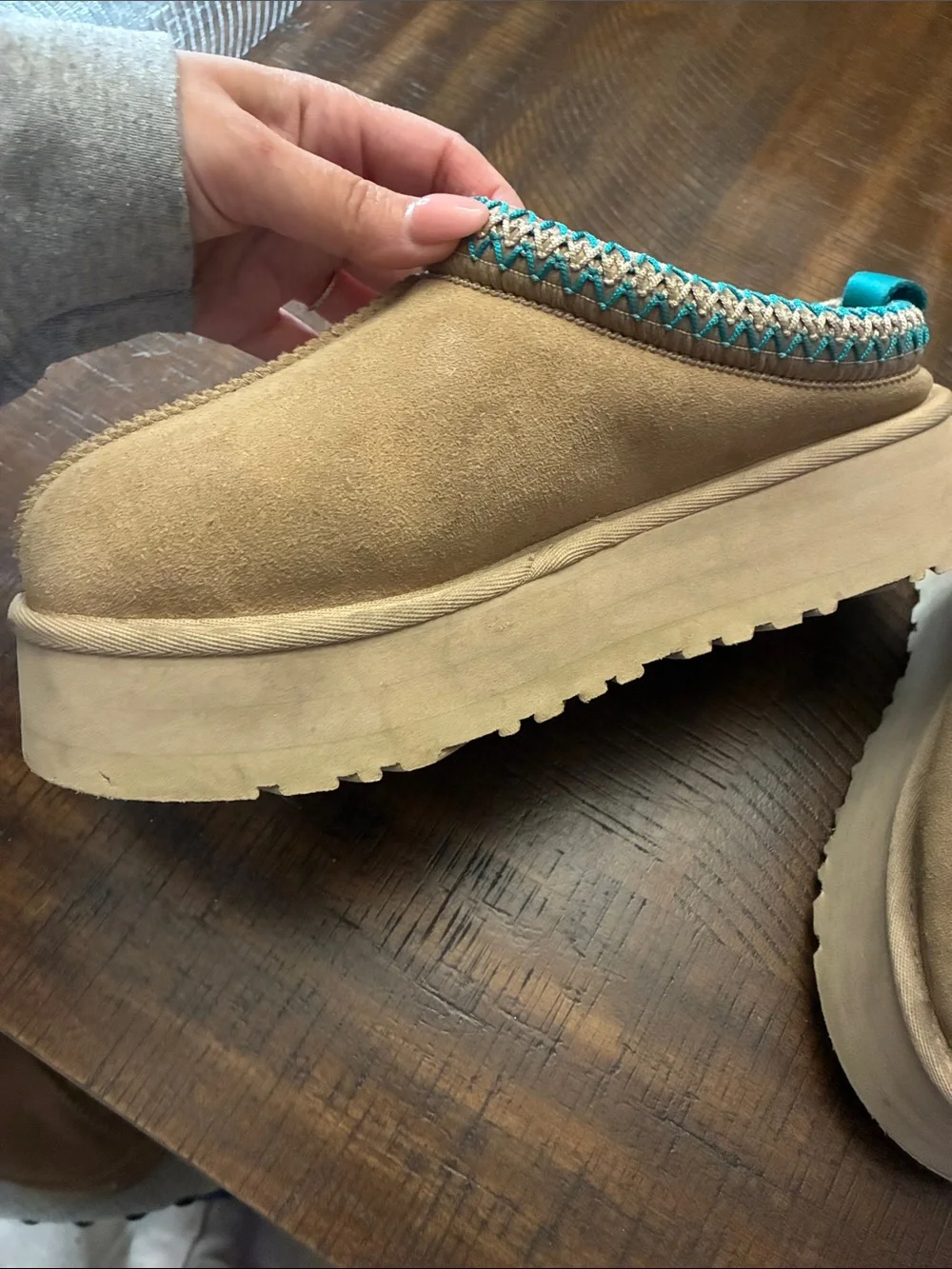 UGG Tan Suede Platform Slippers with Teal Trim